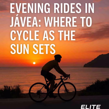 Cyclist riding along Jávea coastline at sunset with Montgó mountain in the background, promoting evening bike rides with Elite Bikes.