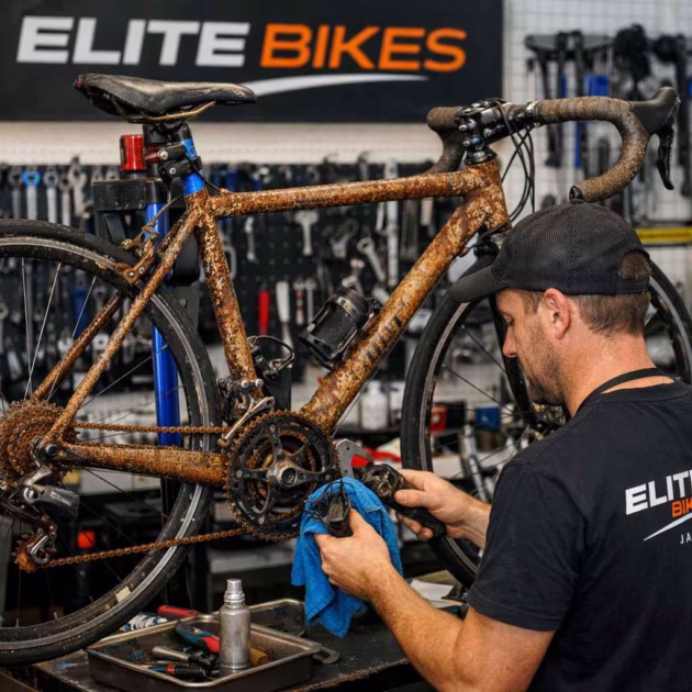 Rusty road bike being serviced at Elite Bikes workshop in Jávea Costa Blanca, mechanic cleaning drivetrain and removing corrosion
