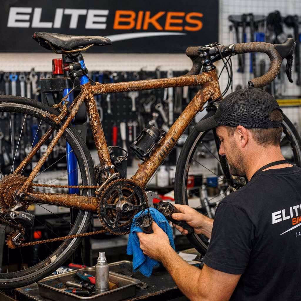 Rusty road bike being serviced at Elite Bikes workshop in Jávea Costa Blanca, mechanic cleaning drivetrain and removing corrosion