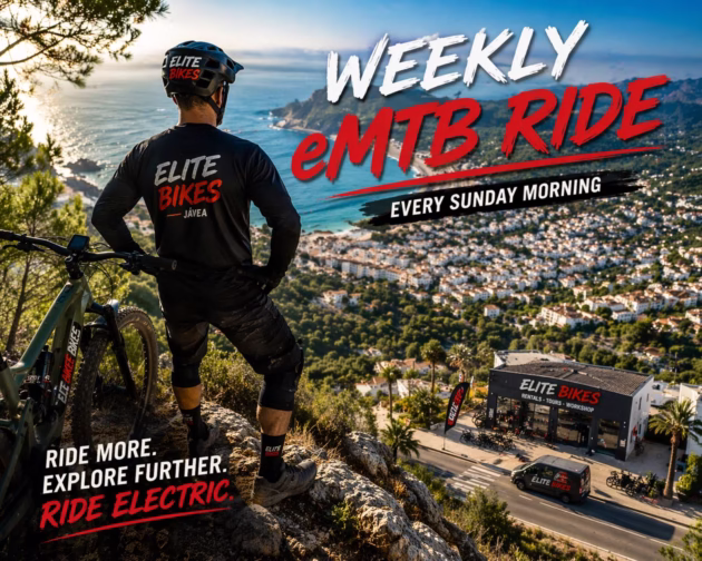 eMTB rider overlooking Jávea coastline with Elite Bikes shop in the distance – weekly electric mountain bike ride