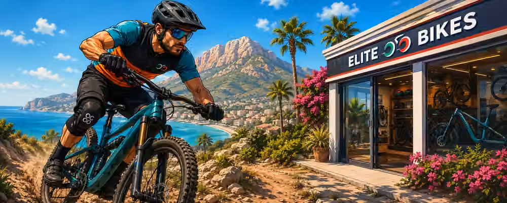 Professional MTB rider on a summer trail in Jávea near Elite Bikes, with Montgó mountain, palm trees and the Mediterranean coast in the background.
